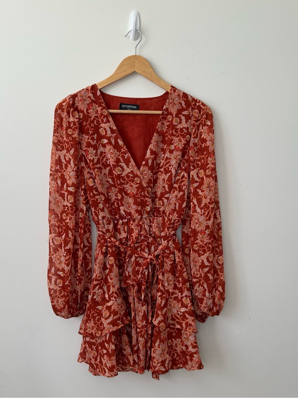 Minkpink Rust Floral Long Sleeve Wrap Mini Dress XS